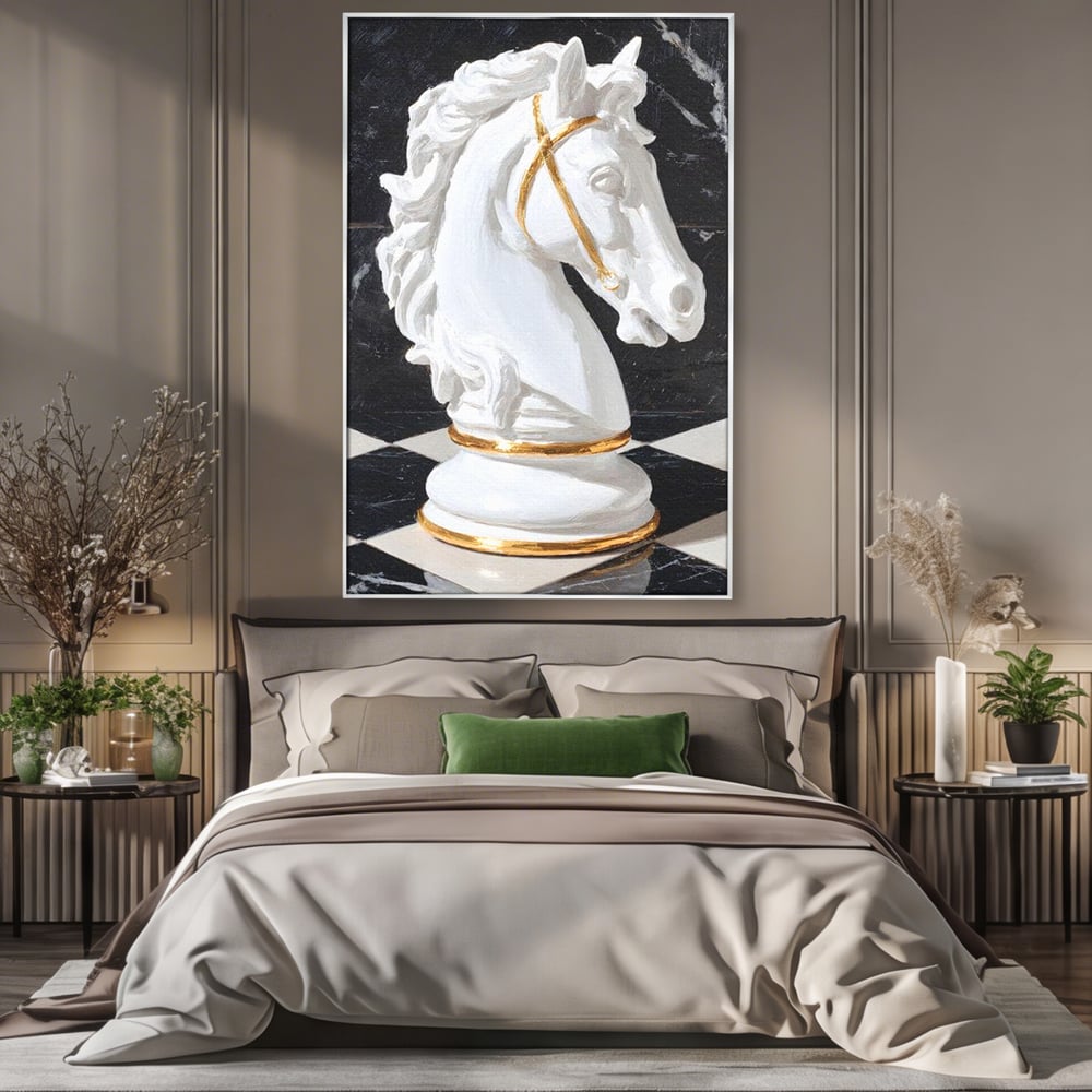 Tablou canvas cu tablou canvas cu cal de sah, in rama de aluminiu argintiu, pe perete intr-un dormitor